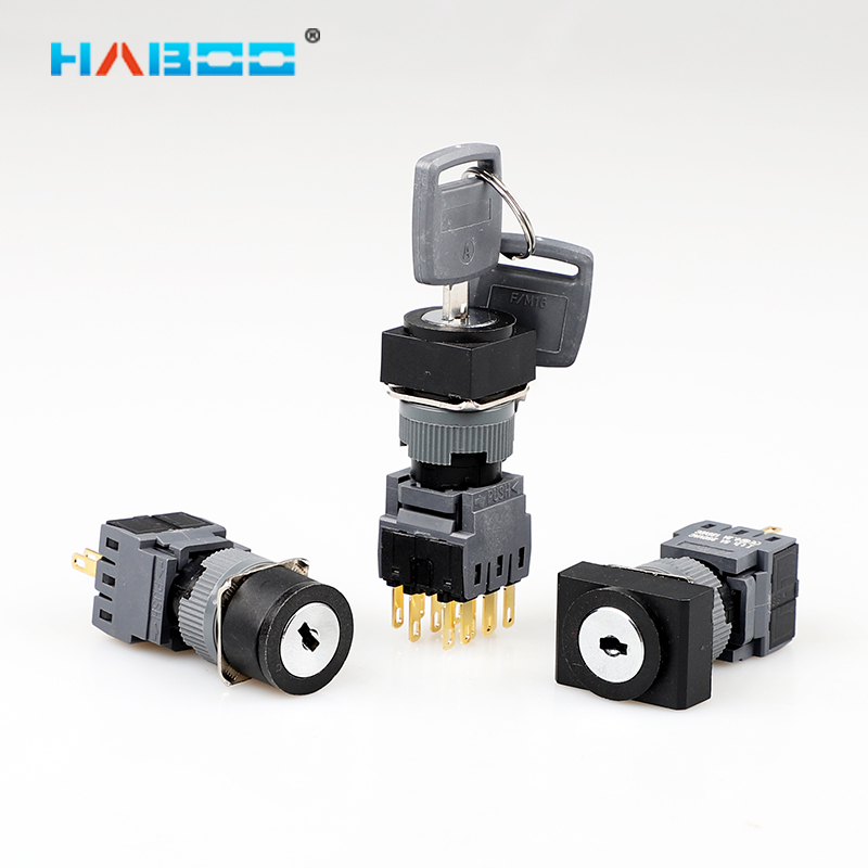 16mm 二檔三檔復位自鎖鑰匙按鈕開關 圓形方形矩形