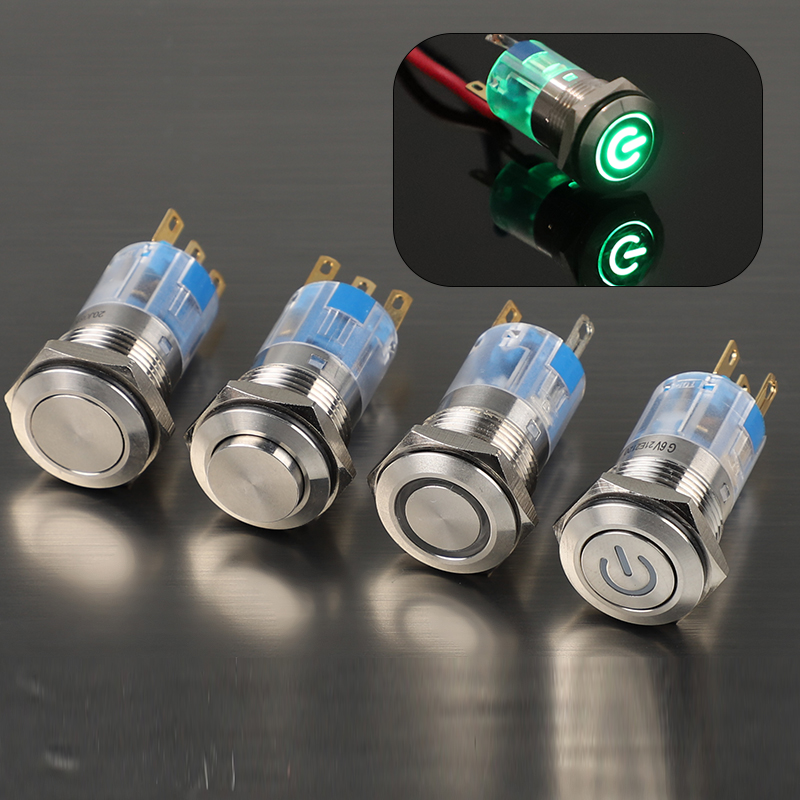 開孔16mm 金屬防水IP65不銹鋼高品質復位/自鎖帶燈環面電源符號按鈕開關 開關電源